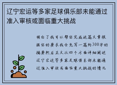 辽宁宏运等多家足球俱乐部未能通过准入审核或面临重大挑战 辽宁宏运等多家足球俱乐部未能通过准入审核或面临重大挑战