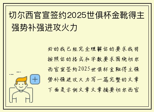 切尔西官宣签约2025世俱杯金靴得主 强势补强进攻火力 切尔西官宣签约2025世俱杯金靴得主 强势补强进攻火力